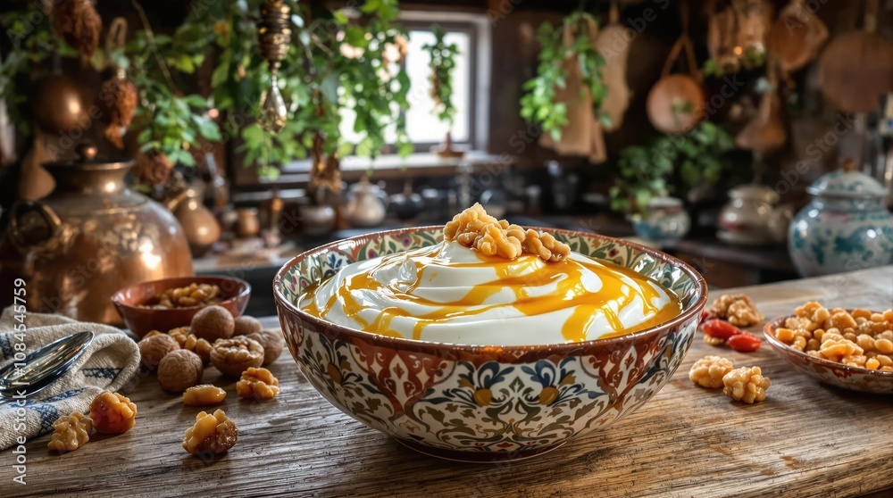 Naklejka premium Thick Suzme Yogurt With Honey And Walnuts, Turkish Food Menu Photography