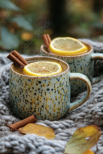 Warm spiced beverages with lemon slices and cinnamon sticks displayed on a te...