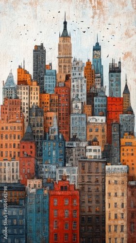 Urban skyline view of historic buildings in a bustling city during the late a...