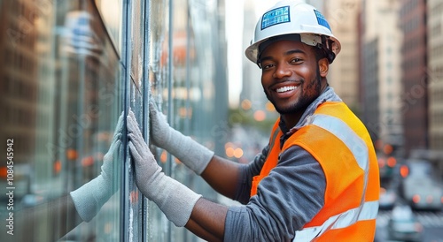 Construction worker smiling while installing glass panels on a building in an...