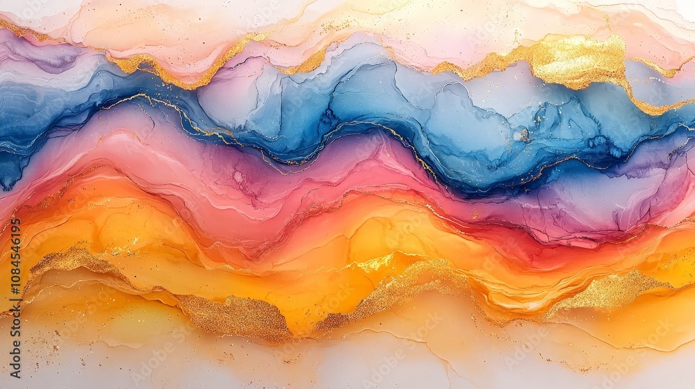 A vibrant abstract artwork featuring flowing waves of color with gold accents. A vibrant abstract artwork featuring flowing waves of color with gold accents.