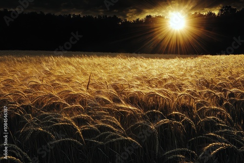 Golden wheat field at sunset with clouds illuminating the sky in peaceful cou...