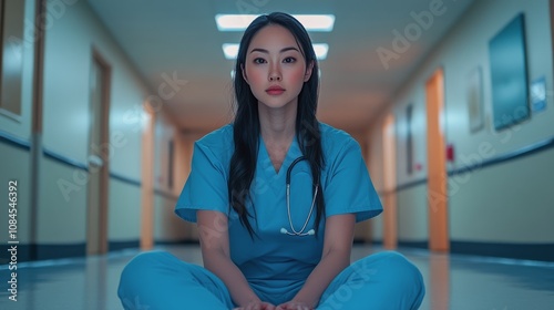 A healthcare professional resting on the floor of a hospital corridor in the ...