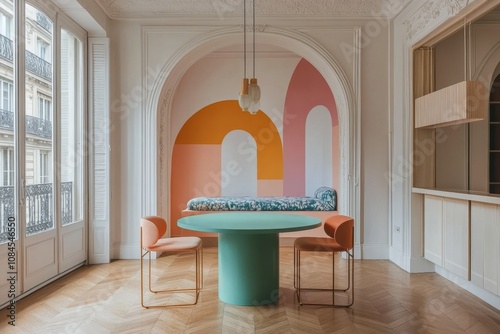 Cozy modern dining area with pastel colors and unique lighting in an urban se...