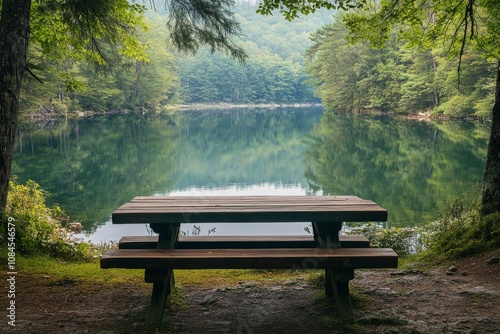 Serene lakeside setting with wooden picnic table amidst lush greenery in early morning light photo