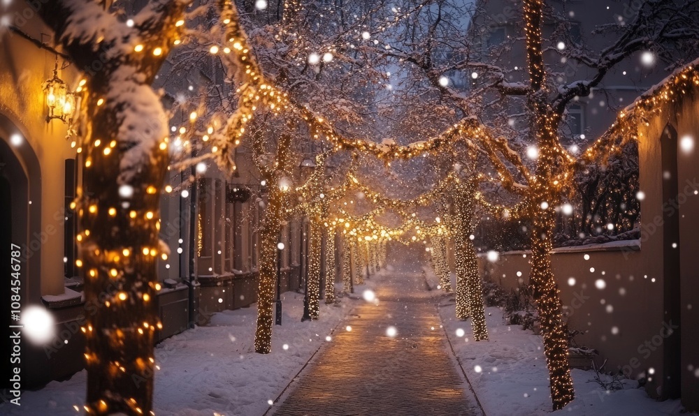 A street with Christmas lights on the trees A street with Christmas lights on the trees
