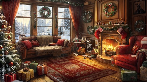 Charming winter scene of a cozy living room with holiday decorations and a festive atmosphere.
