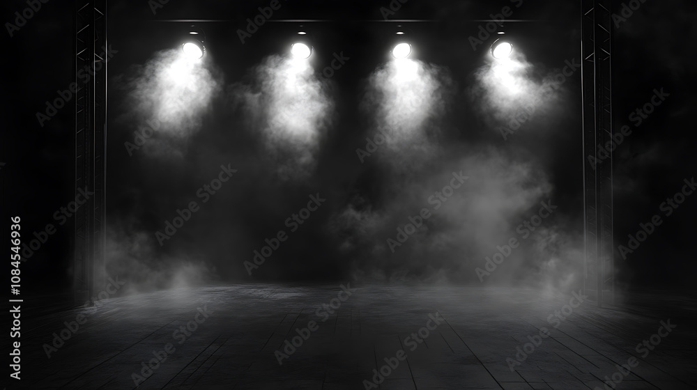 Fototapeta premium Dark background with spotlights and smoke, stage for cinema or theater with open space area