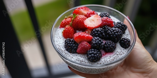 Delicious healthy dessert recipe featuring coconut milk and chia seeds fresh berries kitchen natural light wholesome indulgence