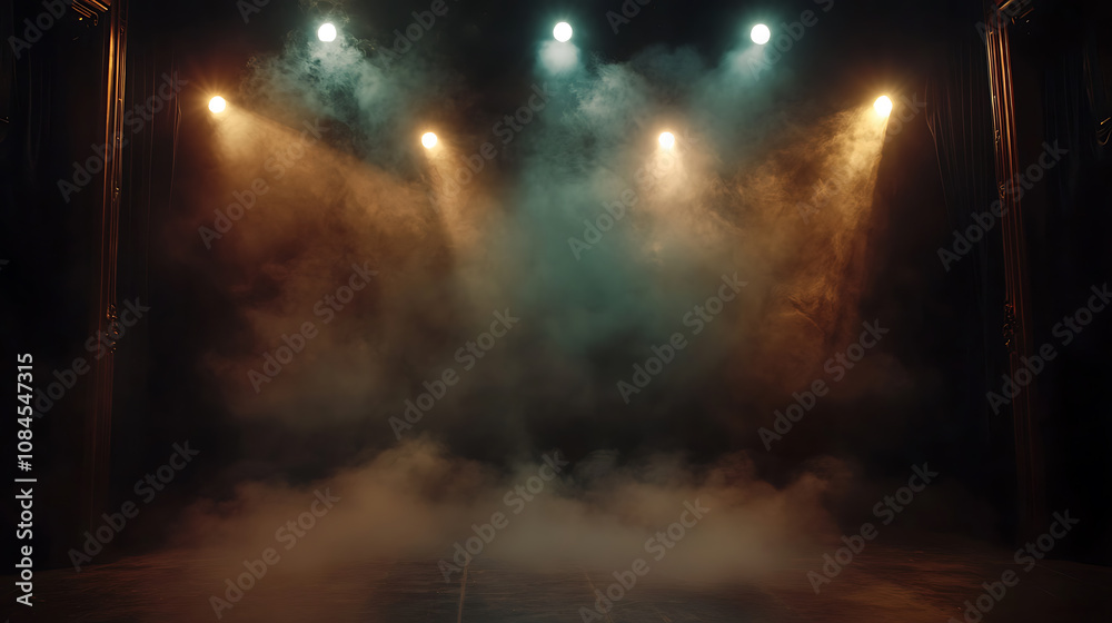 Fototapeta premium Dark stage with spotlights and smoke, empty scene for theater or cinema performance