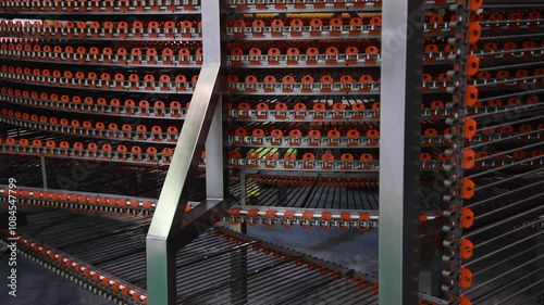 Close-up view of empty red metal conveyer belt in industrial building. Soft focus. Copy space. Real time handheld video. Manufacturing and production line theme.