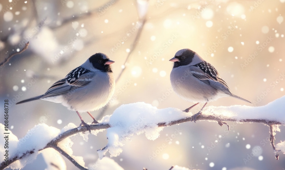 Two birds are sitting on a branch covered in snow Two birds are sitting on a branch covered in snow