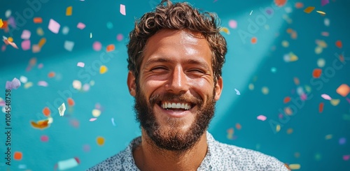 Happy man smiling in vibrant setting with colorful confetti during celebratio...