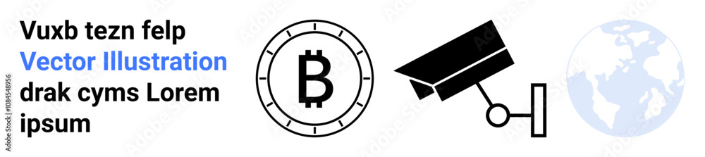 Bitcoin symbol, surveillance camera, and globe with placeholder text offer a mix of cryptocurrency, security, and global themes. Ideal for finance, technology, security, globalization, digital Bitcoin symbol, surveillance camera, and globe with placeholder text offer a mix of cryptocurrency, security, and global themes. Ideal for finance, technology, security, globalization, digital