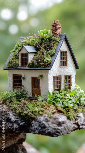 A miniature house with greenery and plants on the roof displayed in a serene ...