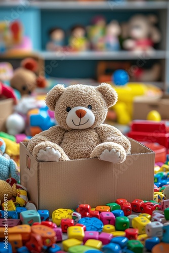 A teddy bear sits playfully in a cardboard box among colorful toys in a brigh...