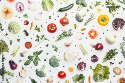 Assorted fresh vegetables and herbs including tomatoes, onions, broccoli, cabbage, zucchini, and parsley arranged on a white background. Flat lay composition for healthy cooking and design. Generative