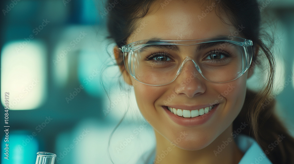woman with a happy expression, wearing safety glasses, in a lab setting woman with a happy expression, wearing safety glasses, in a lab setting