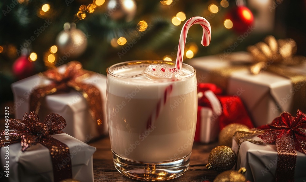 A glass of milk with a red and white straw in it A glass of milk with a red and white straw in it