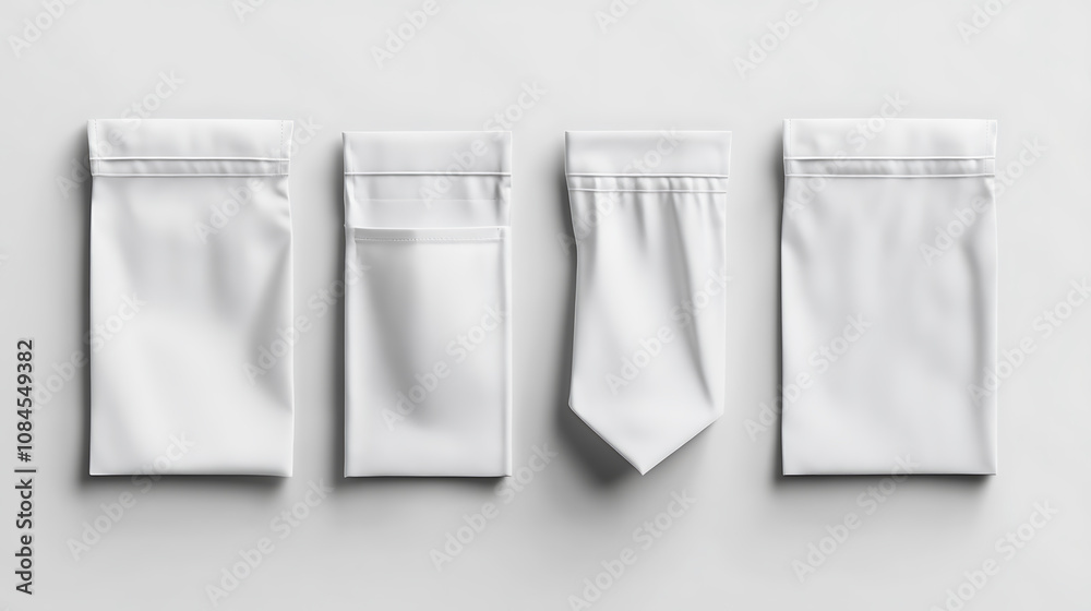 A realistic set of white pocket templates, designed for use on various garments like clothes and bags, presented against a white background A realistic set of white pocket templates, designed for use on various garments like clothes and bags, presented against a white background
