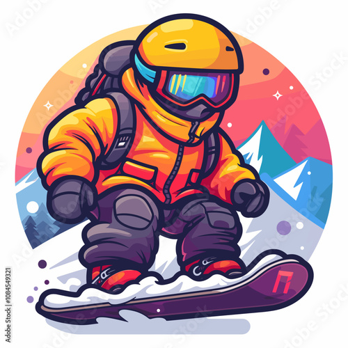 Cartoon of a snowboarder wearing a jacket and helmet. The snowboarder is in the middle of a snow-covered mountain