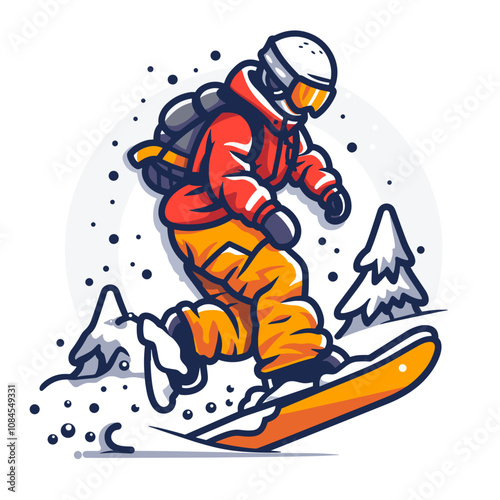 Cartoon of a snowboarder wearing a jacket and helmet.