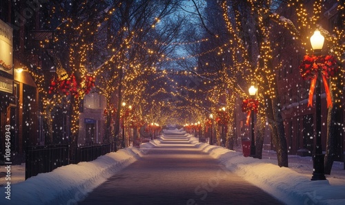 A street with lights on the trees and a red ribbon on a light