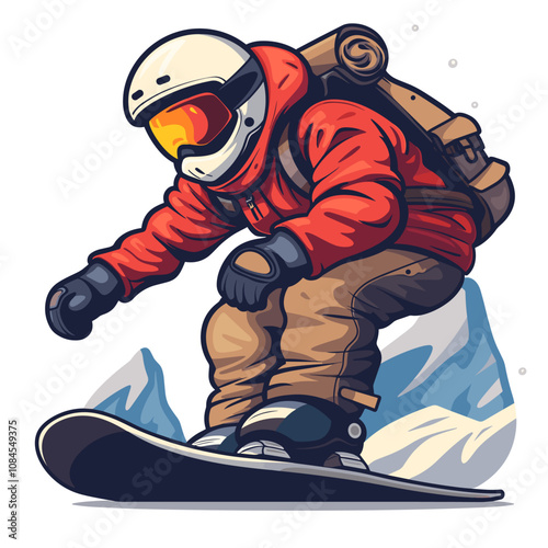 Man is snowboarding down a hill. The image has a fun and adventurous mood, as the man is enjoying his time on the snowboard