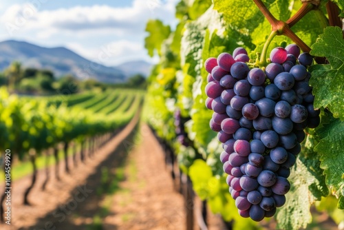 Golden grape clusters ripening in a vineyard during sunny daylight hours of l...