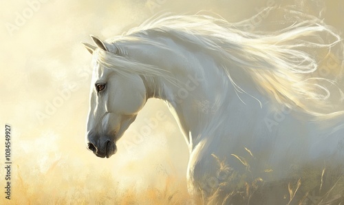 A white horse with a long mane and a black nose photo
