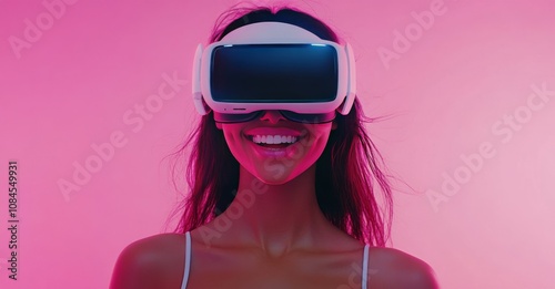 Young woman enjoys virtual reality experience while smiling against a pink ba...