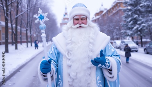 Portrait of Russian Ded Moroz against the background of a winter landscape photo