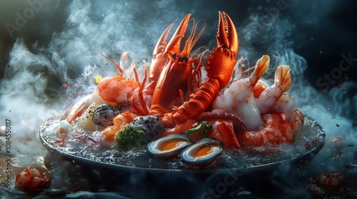 Assorted seafood combination. seafood. Ultra realistic. Photorealistic hypermaximalist advertising photography hyper realistic fine detail photo