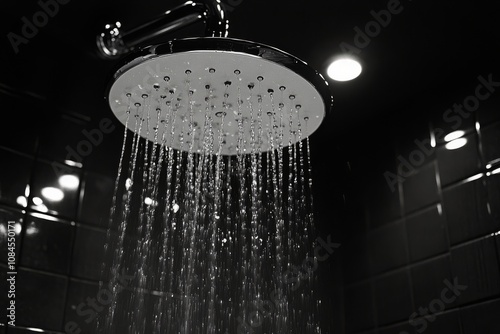 Modern overhead shower with cascading water in a sleek bathroom setting
