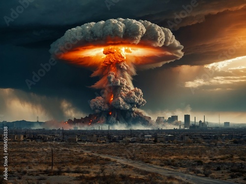 realistic image of a nuclear explosion against a barren landscape, with bright fiery and smoky clouds, set against the backdrop of a crumbling city.
