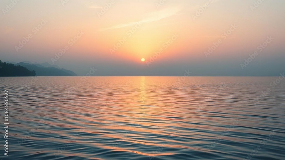 Fototapeta premium Softly glowing sunset over a serene lake with gentle ripples in the watercolor background, dreamy effect, nature background