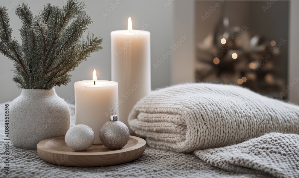 A white blanket is on a table with candles and a vase A white blanket is on a table with candles and a vase