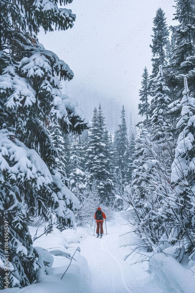 Backcountry Skier Navigating Forested Trail Backcountry Skier Navigating Forested Trail
