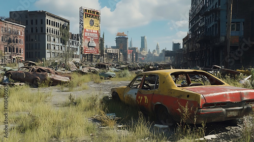 Post-apocalyptic ruined city with destroyed buildings and abandoned vehicles, 3D rendering