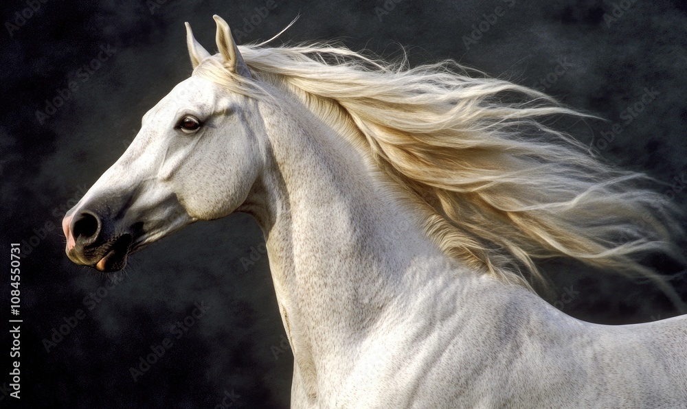 A white horse with a long mane and tail A white horse with a long mane and tail
