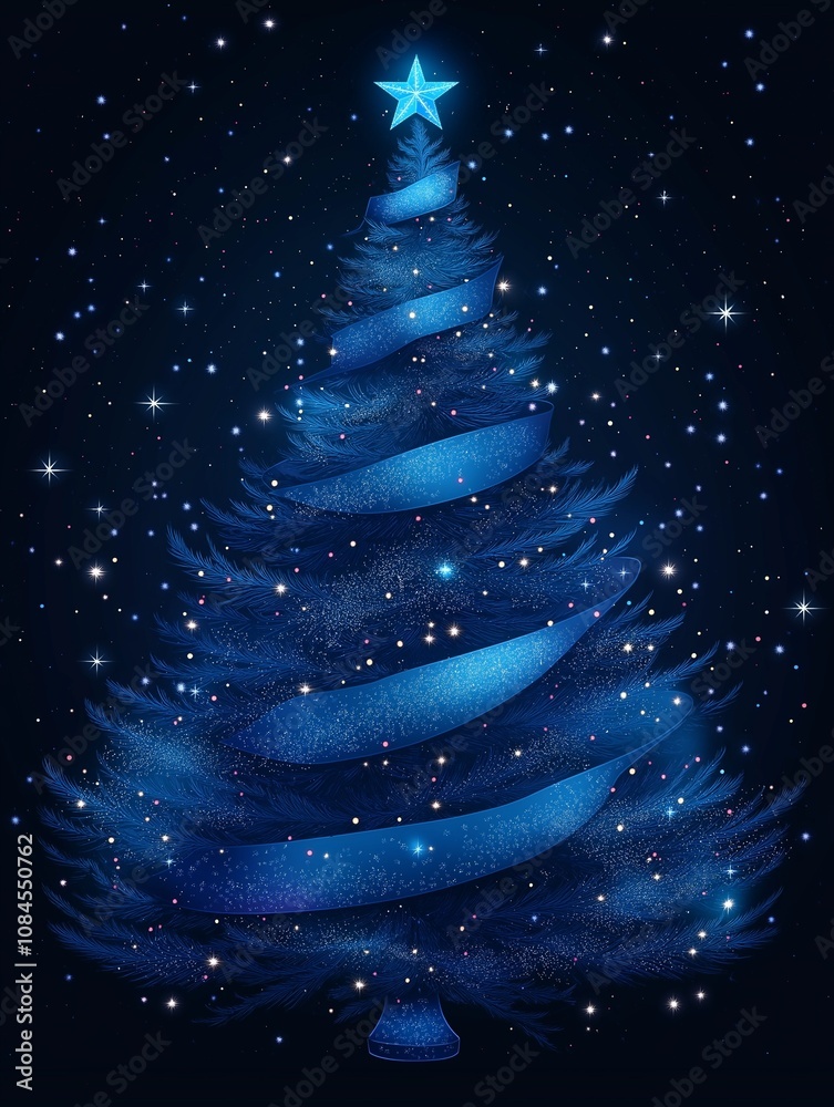 A blue 2D Christmas tree with a lilac ribbon and stars on a black background. for Postcards. for Banners. for Advertising. A blue 2D Christmas tree with a lilac ribbon and stars on a black background. for Postcards. for Banners. for Advertising.