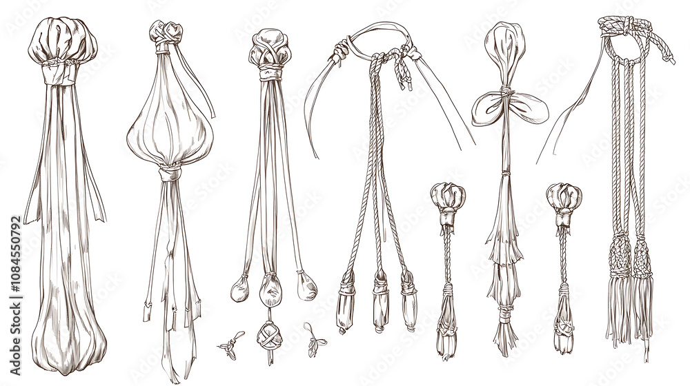 A set of flat sketches showing various drawstring cord designs with aglets, suitable for use in waistbands, bags, shoes, and other garments A set of flat sketches showing various drawstring cord designs with aglets, suitable for use in waistbands, bags, shoes, and other garments