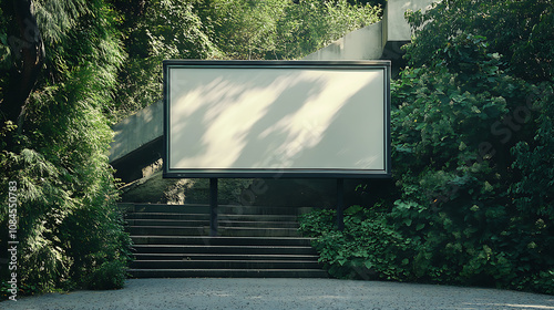 Set against a background of greenery and a stairway, a sizable empty billboard offers a space for digital or printed advertising, standing on a speckled concrete surface photo