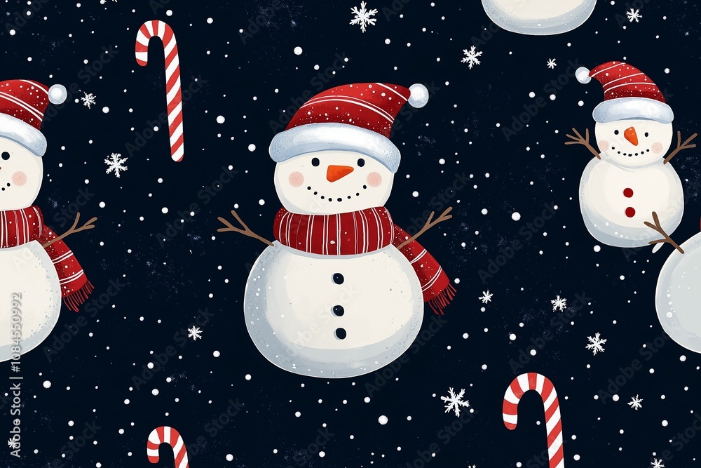 Fototapeta premium cartoon snowmen and candy canes, dark blue background with white stars. for Advertising, for banners, for postcards.