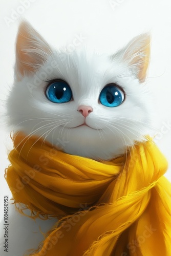 Adorable white cat wearing a bright yellow scarf with striking blue eyes