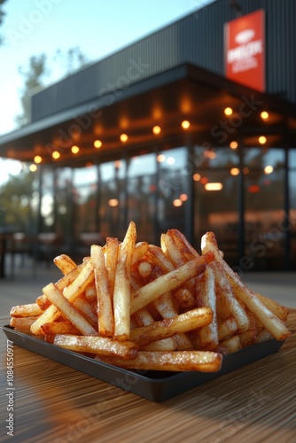 A generous serving of crispy golden fries is arranged on a black tray