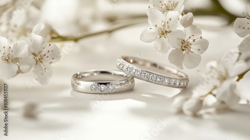 Elegant wedding rings adorned with diamonds and surrounded by delicate white ...