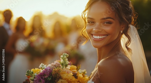 A radiant bride stands in warm sunlight, holding a colorful bouquet