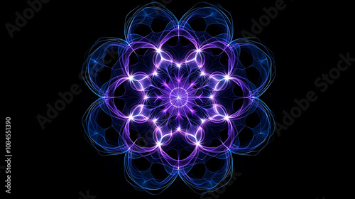 A symmetrical pattern of glowing neon lines forming an intricate mandala, with dark blue and purple hues against the black background