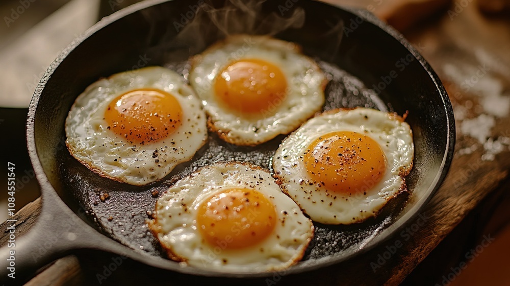 Top view of fried eggs cooking in a cast iron pan , food breakfast Top view of fried eggs cooking in a cast iron pan , food breakfast